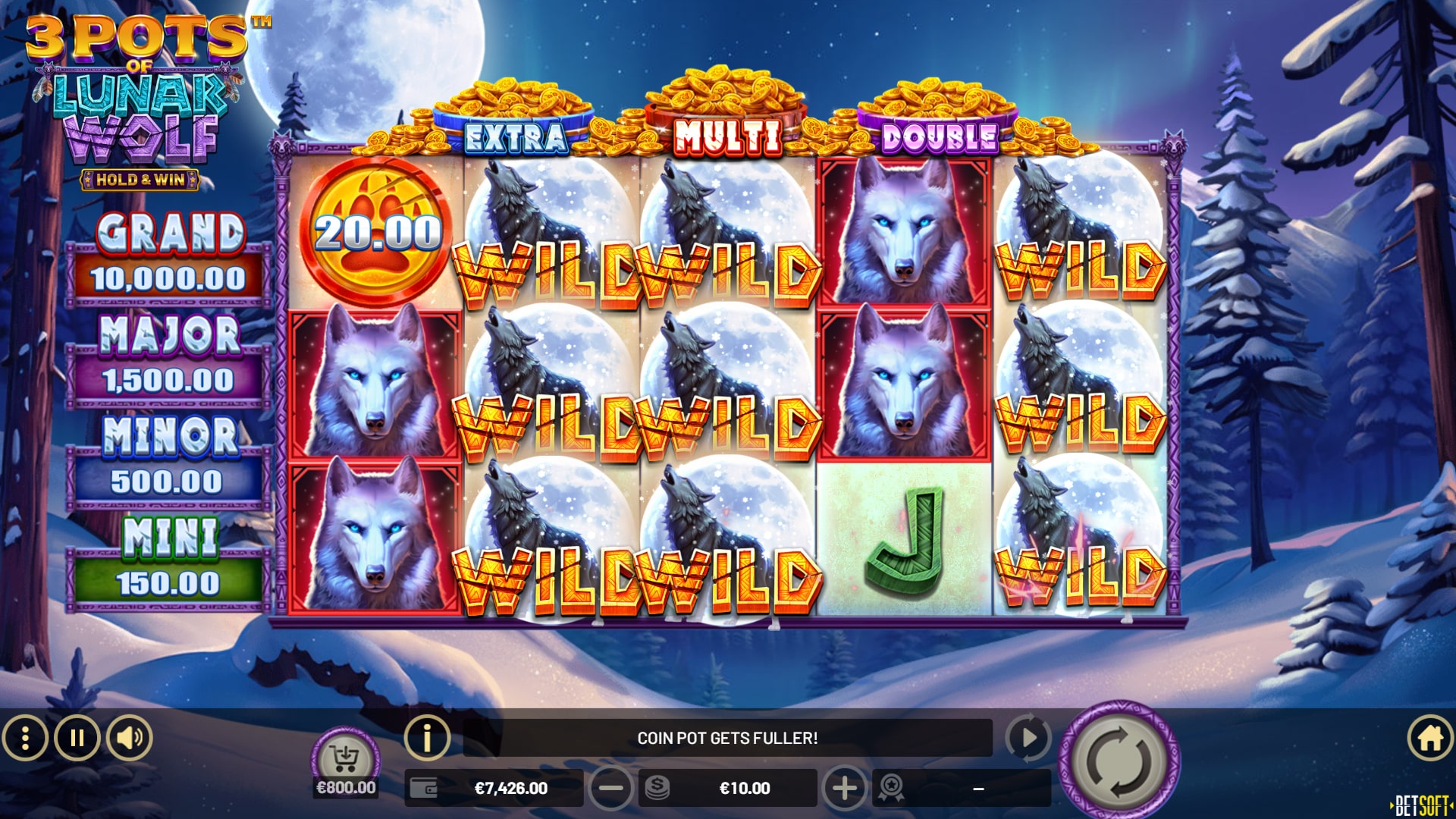 Screenshot of BetSoft 3 Pots of Lunar Wolf gameplay showcasing graphics