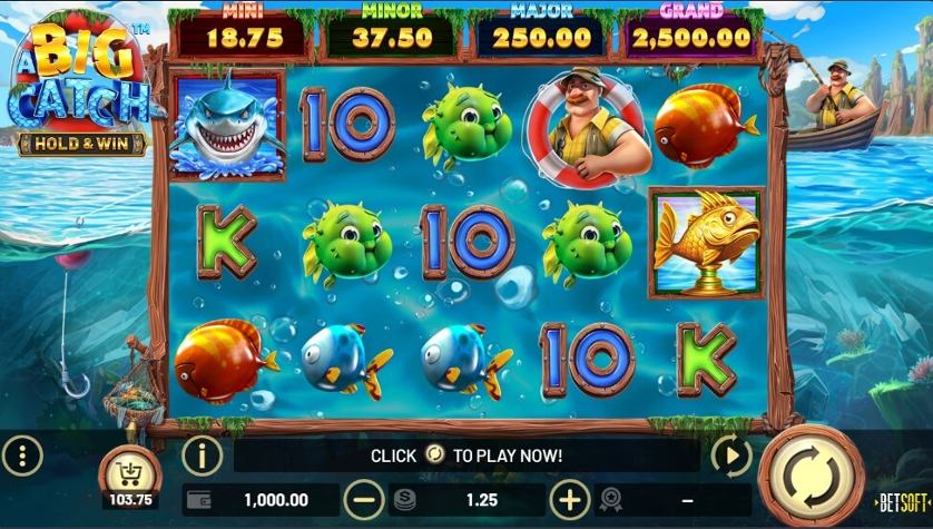 Screenshot from BetSoft A Big Catch featuring bonus game highlights.