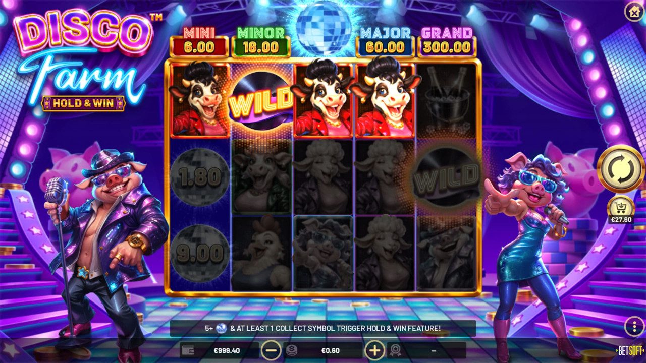 Screenshot capturing the unique theme of BetSoft Disco Farm.