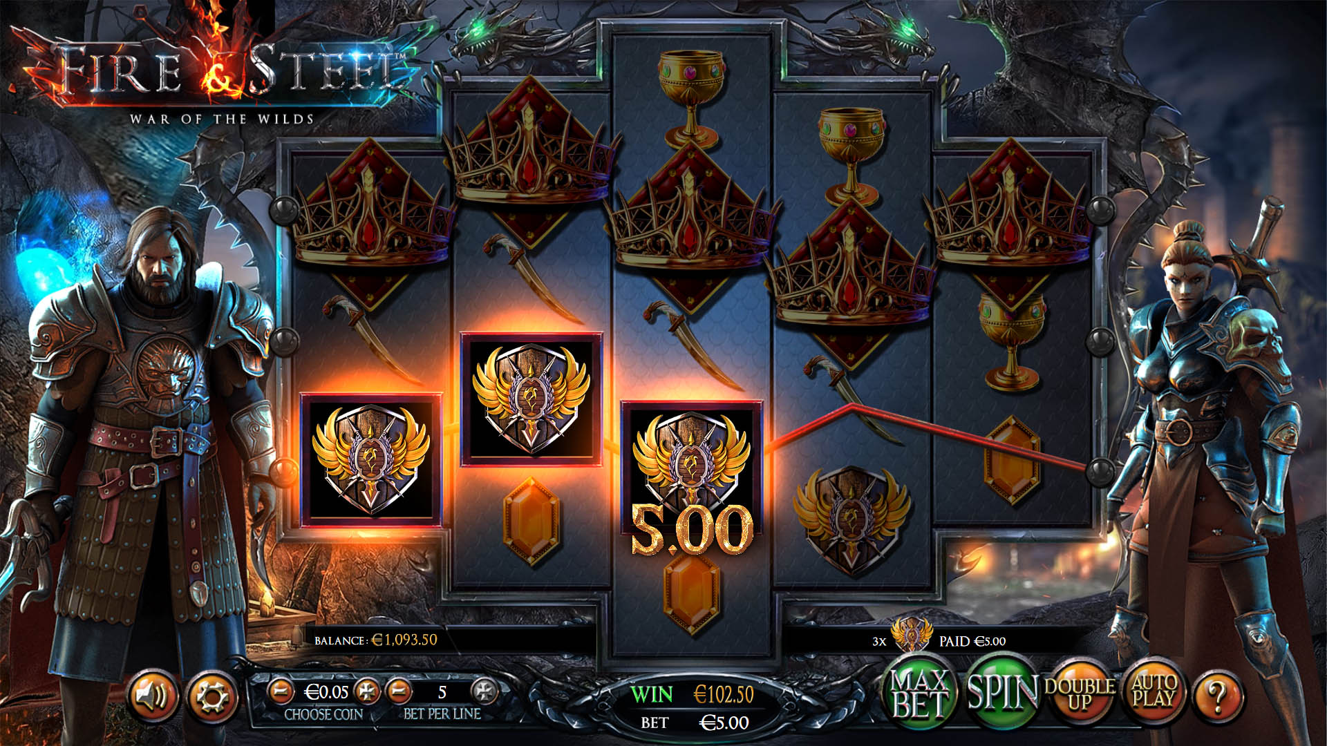 Screenshot from BetSoft Fire & Steel showing gameplay and graphics.