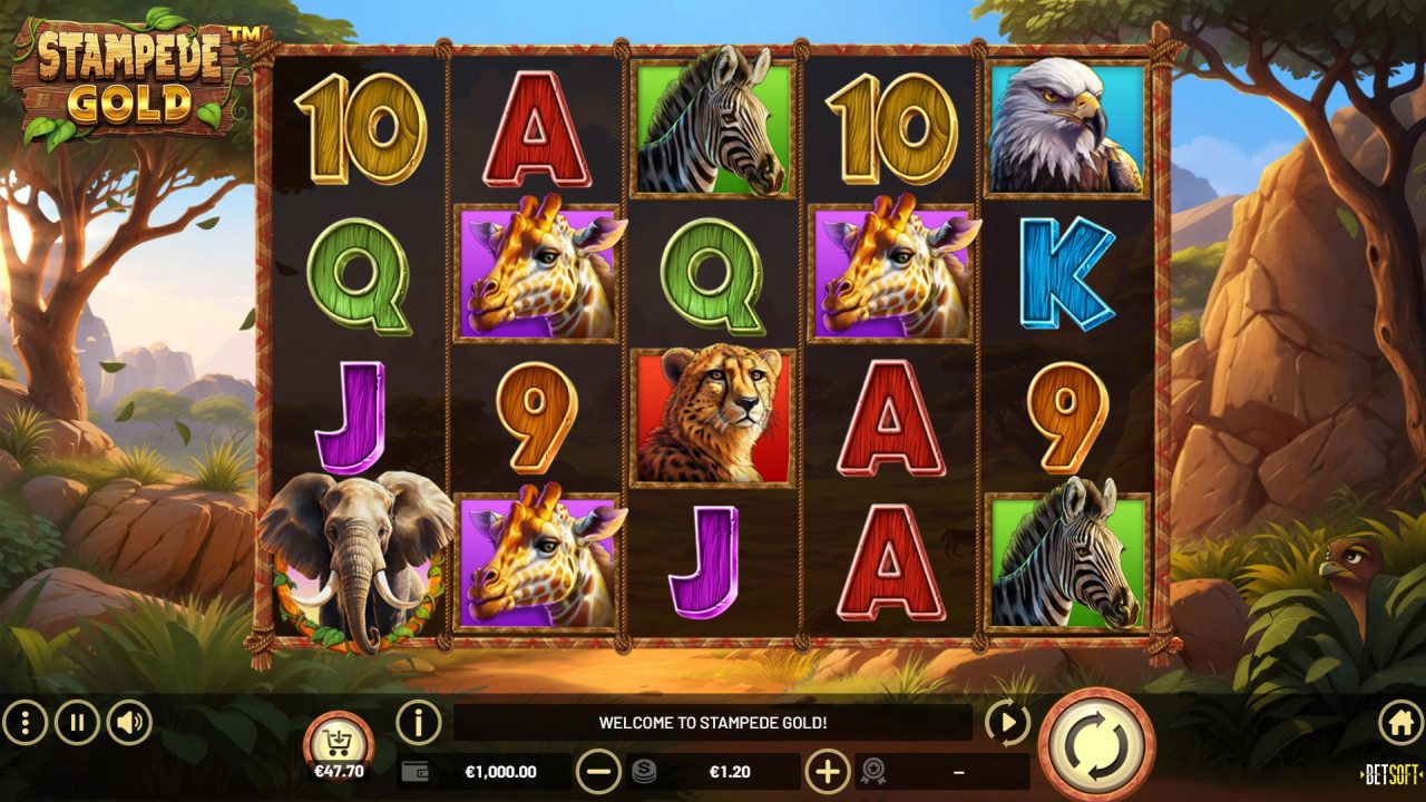 Screenshot from BetSoft Stampede Gold displaying explosive gameplay.