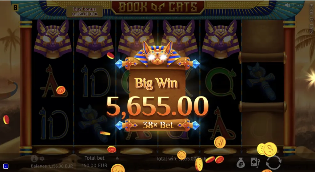 Screenshot of BG Book of Cats Megaways featuring the game win screen.