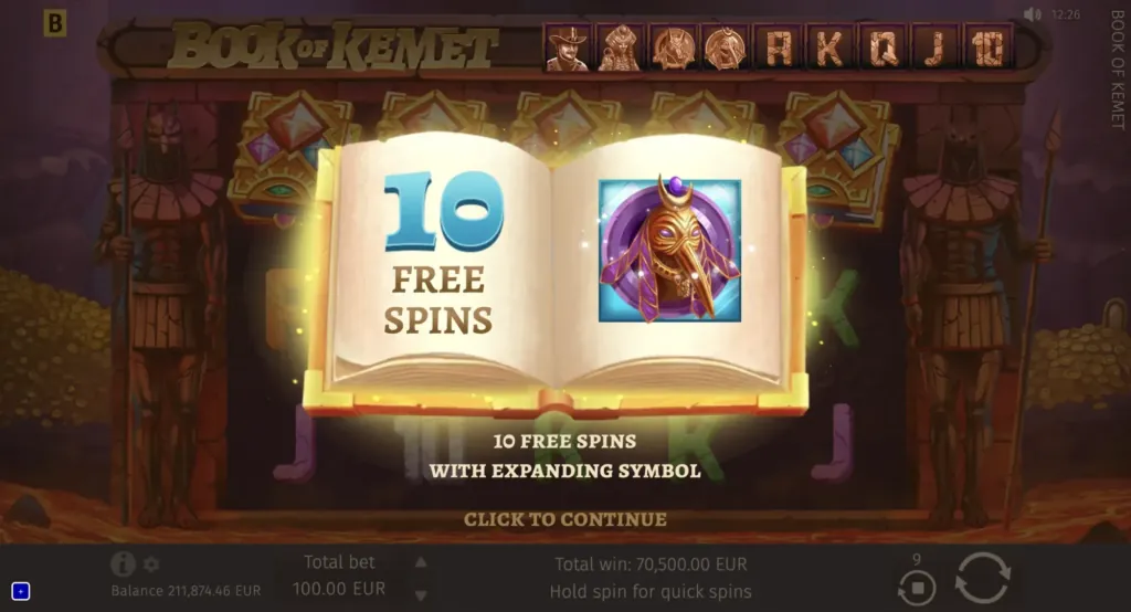 Gameplay screenshot of BG Book of Kemet highlighting the symbols.