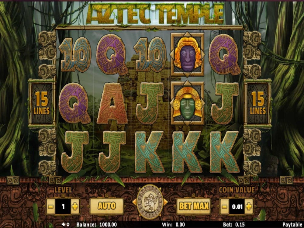 Screenshot of Aztec Temple gameplay showing colorful reels.