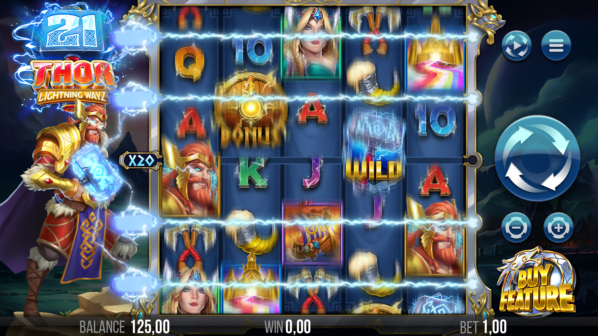 Gameplay screenshot showcasing 21 Thor Lightning Ways at SafeGameHub