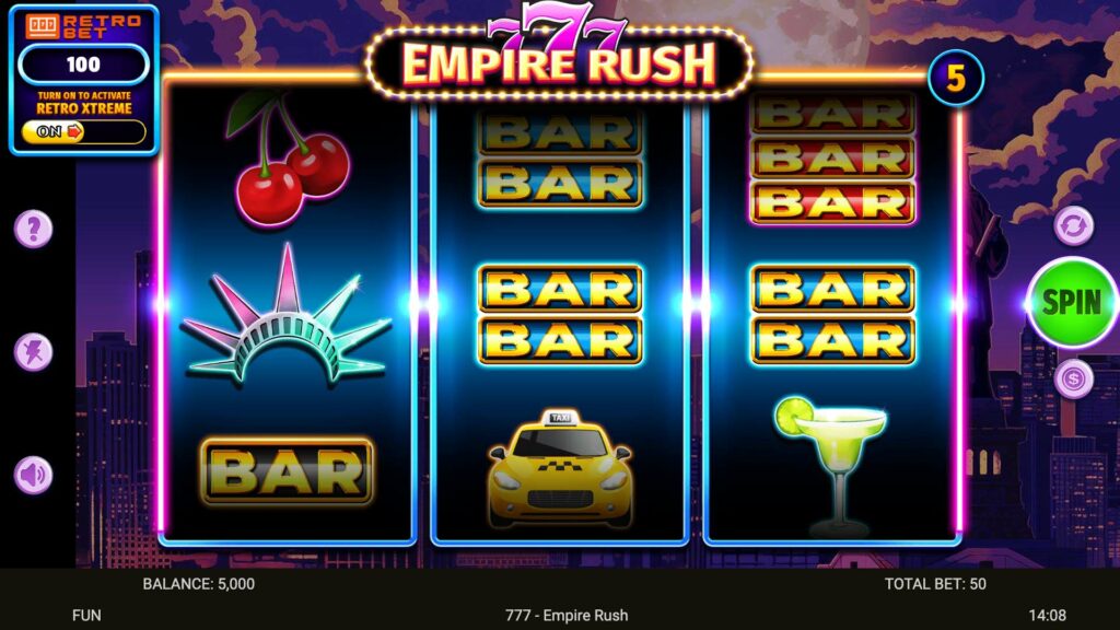 User interface of SP 777 Empire Rush during thrilling gameplay at SafeGameHub.